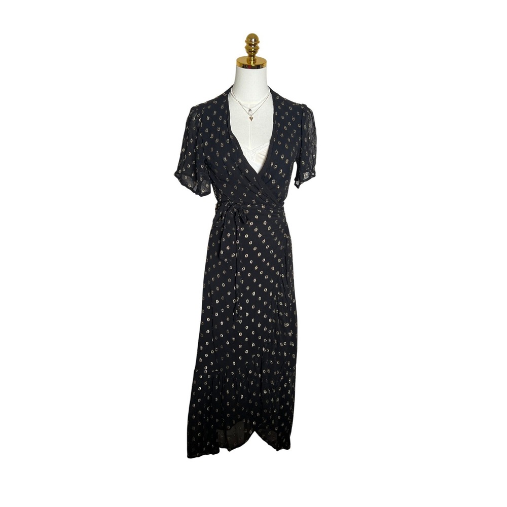 En Creme Black Gold Lurex Polka Dot Wrap Dress V-Neck Ruffle Midi Small
